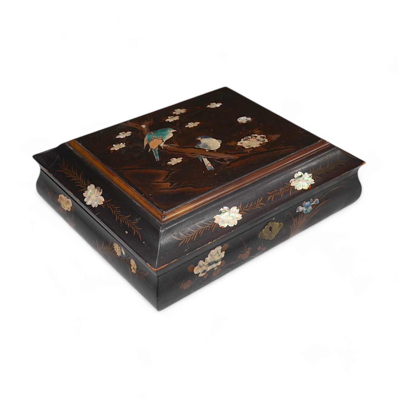 A Japanese lacquered box with mother of pearl inlay of birds and flowers, 35.5cm wide. Condition - worn on the outside to be expected, inside good